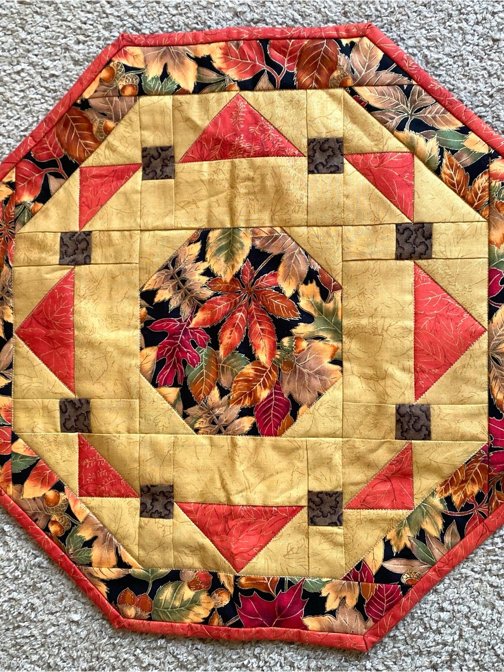 Handmade Quilted Autumn Leaf Octagonal Table Mat - Harvest Gold & Orange Fall